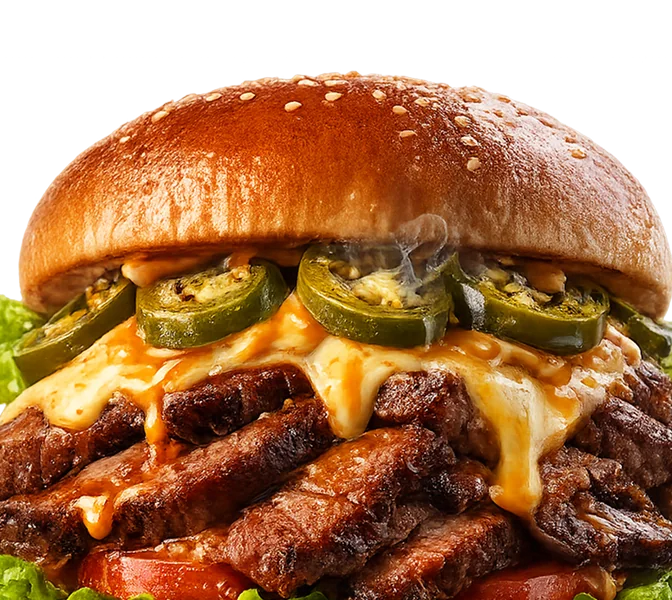 AAB Signature Brisket Burger mit Beef Brisket, BBQ-Sauce und Jalapeños im Brioche Bun