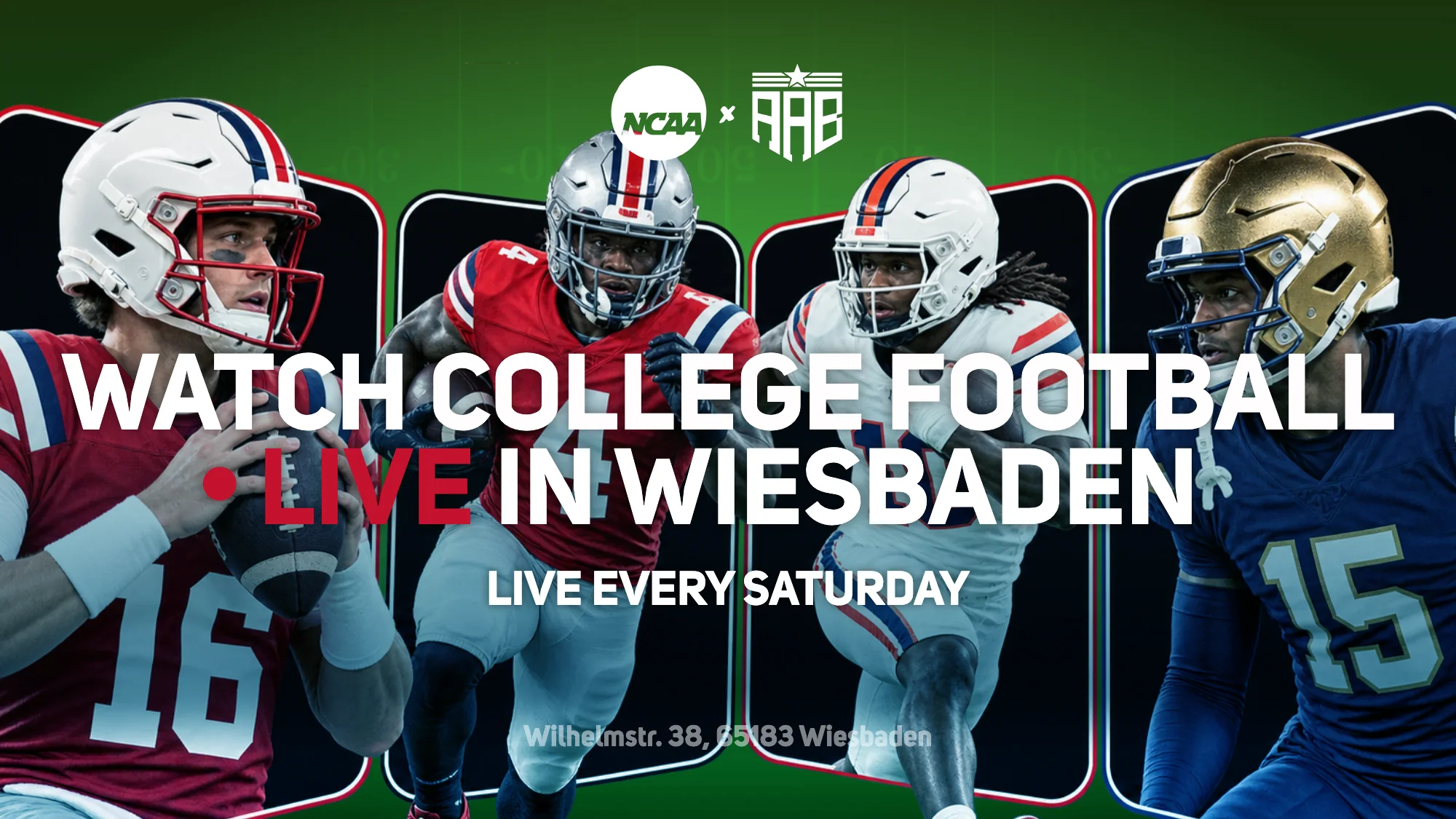 Watch College Football live in Wiesbaden on Saturdays — see the AAB schedule for current NCAA kickoff times