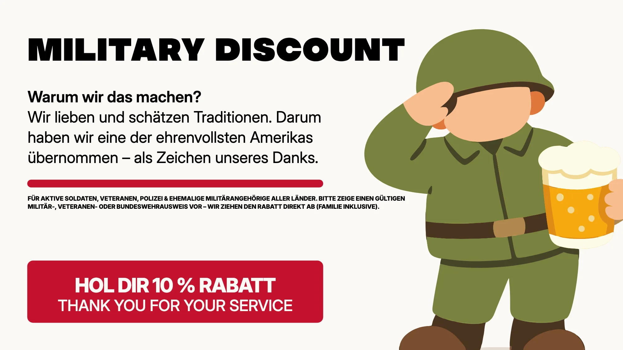 Military Discount: 10 % Rabatt für Soldaten, Veteranen, Polizei und Bundeswehr — Thank you for your service